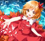  1girl aki_shizuha blonde_hair blush breasts buttons cleavage collared_shirt highres leaf leaf_on_head looking_at_viewer open_mouth red_shirt red_skirt ruu_(tksymkw) shirt short_hair short_sleeves skirt small_breasts smile solo touhou water yellow_eyes 