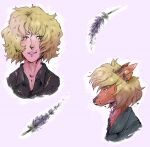  anthro blonde_hair blue_clothing blue_eyes blue_topwear canid chest_tuft clothing ears_back front_view fur grey_clothing grey_topwear hair hi_res human lionfloof male mammal mouth_closed orange_body orange_fur pivoted_ears side_view simple_background solo topwear tuft 