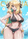  1girl absurdres alternate_eye_color bare_shoulders bikini black_bikini blonde_hair blue_sky blush_stickers bracelet breasts character_name cleavage collarbone cowboy_shot cynthia_(pokemon) day earrings english_commentary eyelashes hair_ornament hair_over_one_eye hand_on_own_hip heart highres jewelry large_breasts long_hair looking_at_viewer navel ocean open_mouth outline pokemon pokemon_(game) pokemon_dppt sky smile solo speech_bubble spoken_heart standing swimsuit thigh_gap tony_welt water white_outline yellow_eyes 
