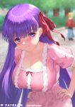  1girl absurdres bb_(fate) bb_(fate/extra) blush breasts cleavage collarbone dress fate/extra fate/extra_ccc fate_(series) hair_ribbon highres kamehito large_breasts long_hair looking_at_viewer pink_dress pout purple_eyes purple_hair red_ribbon ribbon solo very_long_hair 