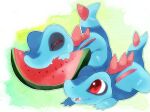  biting closed_eyes creature eating food fruit moka-momaka no_humans nostrils pokemon pokemon_(creature) red_eyes sharp_teeth teeth totodile watermelon watermelon_slice white_background 