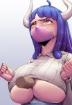  1boy 1girl blue_hair blue_skirt breasts censored clothes_lift curled_horns dinosaur_girl hetero high-waist_skirt highres horns large_breasts mask max_(maxlikeapicture) mosaic_censoring mouth_mask multicolored_hair one_piece paizuri paizuri_under_clothes penis pink_eyes pink_hair pink_mask shirt shirt_lift skirt solo_focus streaked_hair sweatdrop ulti_(one_piece) white_shirt 