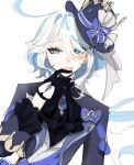  1girl absurdres artist_name ascot black_ascot black_gloves black_shirt blue_bow blue_eyes blue_gemstone blue_hair bow collared_jacket crystal furina_(genshin_impact) gem genshin_impact gloves hair_between_eyes hand_up hat hat_bow hat_ornament hat_ribbon heterochromia highres jacket long_hair long_sleeves looking_to_the_side mismatched_pupils multicolored_hair open_mouth ponytail purple_headwear purple_jacket ribbon shirt simple_background smile solo standing top_hat two-tone_hair uwie watermark white_background white_hair white_ribbon 