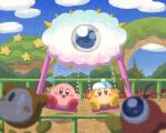  afterimage baseball_cap blue_eyes blue_headwear blush_stickers cloud electricity food hat ice_cream kirby kirby_(series) kracko looking_at_viewer miclot no_humans open_mouth orange_eyes outdoors park smile star_(symbol) swing waddle_dee waddle_doo 