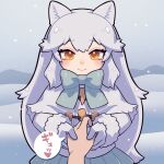  an-chan_(ananna0315) animal_ears arctic_fox_(kemono_friends) blue_bow blue_bowtie blue_skirt blush bow bowtie capelet coat cowboy_shot fox_ears fox_girl fur_trim gloves hair_between_eyes highres holding_hands kemono_friends long_hair long_sleeves looking_at_viewer orange_eyes pleated_skirt pov sidelocks skirt smile snow snowflakes translation_request white_capelet white_coat white_fur white_gloves white_hair winter_clothes winter_coat 