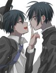  2boys :d ahoge baseball_cap black_hair black_jacket blue_necktie buttons collared_shirt danganronpa_(series) danganronpa_v3:_killing_harmony dual_persona eye_contact finger_to_another&#039;s_mouth hat highres index_finger_raised jacket kasou_(roomno404_) long_sleeves looking_at_another multiple_boys necktie official_alternate_costume open_clothes open_jacket open_mouth orange_eyes saihara_shuichi shirt short_hair smile upper_body 