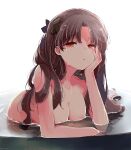 1girl azumi_(myameco) black_ribbon breasts brown_hair collarbone commentary_request completely_nude fate/grand_order fate_(series) hair_ribbon hand_on_own_cheek hand_on_own_face ishtar_(fate) long_hair looking_at_viewer medium_breasts nude parted_lips partially_submerged red_eyes ribbon simple_background solo wet white_background 