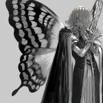 1boy absurdres au_(d_elite) blue_eyes butterfly_wings cape diamond_hairband fate/grand_order fate_(series) greyscale grin hair_between_eyes hairband hand_to_own_mouth highres insect_wings long_sleeves male_focus monochrome oberon_(fate) profile simple_background smile solo spot_color wings 