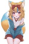  1girl :p absurdres animal_ear_fluff animal_ears blonde_hair blue_hair blush bow fox_ears fox_girl fox_tail hair_bow hakama highres indie_virtual_youtuber jacket japanese_clothes long_sleeves miko multicolored_hair multicolored_tail off_shoulder open_clothes open_jacket red_bow red_eyes red_hakama sakura_chiyo_(konachi000) solo streaked_hair tail thick_eyebrows tongue tongue_out virtual_youtuber white_background yamano_kayo 