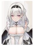  +_+ 1girl azur_lane black_wings blunt_bangs breasts cleavage cleavage_cutout clothing_cutout cross-shaped_pupils dated dress elbow_gloves feathered_wings flower frills gloves grey_hair hair_flower hair_ornament highres large_breasts light_blush lips long_hair looking_at_viewer maid maid_headdress ping_zhong_yu red_eyes scylla_(azur_lane) signature sleeveless sleeveless_dress smile solo symbol-shaped_pupils upper_body white_dress white_gloves wings 
