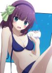  1girl :d angel_beats! applying_sunscreen arm_support bare_shoulders bikini black_hairband blue_background blue_bikini blunt_bangs blush bow breasts cleavage commentary eyes_visible_through_hair green_bow green_eyes hair_bow hairband hand_up highres leaning_back lelie_(lelie_link) looking_at_viewer lotion medium_breasts medium_hair nakamura_yuri navel open_mouth purple_hair shiny_skin simple_background sitting smile solo stomach sunscreen swimsuit two-tone_background undone_bikini white_background 