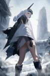  1girl absurdres armor armored_boots boots cape cloak concept_art goddess_of_victory:_nikke headgear highres kotha_art long_hair looking_at_viewer mechanical_arms ruins scenery shoulder_armor single_mechanical_arm snow_white_(nikke) solo standing thighs visor_(armor) visor_lift white_cape white_cloak white_hair yellow_eyes 
