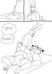 anthro bed bernielover blush boxers_(clothing) butt canid canine clothed clothing comic dialogue disney duo english_text erection erection_under_clothing eye_contact fan_character fox furniture gideon_grey hi_res lagomorph leporid looking_at_another lying male male/male mammal monochrome nate_hopps on_back on_bed rabbit romantic romantic_couple shirt sitting_on_another smile speech_bubble tail tail_motion tailwag tank_top tenting text topless topwear underwear zootopia 