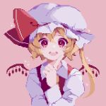  1girl ahiru_tokotoko blonde_hair crystal flandre_scarlet hat hat_ribbon highres index_finger_raised looking_at_viewer mob_cap one_side_up pink_background pixel_art red_eyes red_ribbon ribbon simple_background solo touhou upper_body white_headwear wings 