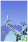  absurdres bird blue_sky day grass highres krita_(medium) no_humans notaventura outdoors pokemon pokemon_(creature) reflection skarmory sky yellow_eyes 