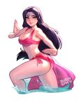  1girl alternate_costume artist_name ass bikini blush blushyspicy breasts cleavage closed_mouth from_side irelia large_breasts league_of_legends long_hair looking_at_viewer outline parted_bangs pink_bikini shiny_clothes shiny_skin smile solo swimsuit water watermark white_outline 