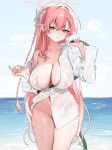  1girl absurdres blue_archive bow breasts closed_mouth cloud day green_eyes hair_bow halo hand_up highres holding holding_hose hose large_breasts outdoors pink_hair shirt sky smile smilesmile1312 solo water wet wet_clothes wet_shirt white_bow white_shirt 