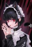  1girl :p animal_ears black_hair black_nails bow breasts cat_ears cat_tail ear_piercing earrings hair_ornament highres jewelry long_sleeves looking_at_viewer nail_polish ompf original own_hands_together piercing smile solo tail tongue tongue_out 