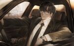  1boy absurdres black_eyes black_necktie boony2789 brown_hair brown_suit brown_theme car_interior cup disposable_cup glasses highres long_sleeves looking_at_viewer male_focus necktie original shirt sitting solo suit watch white_shirt wristwatch 