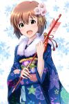  1girl absurdres arrow_(projectile) blue_flower blue_kimono blush bob_cut breasts brown_eyes brown_hair cowboy_shot dot_nose floral_background floral_print flower fur-trimmed_kimono fur_trim furisode hagiwara_yukiho hair_flower hair_ornament hamaya hands_up highres holding holding_arrow idolmaster idolmaster_(classic) idolmaster_million_live! idolmaster_million_live!_theater_days japanese_clothes kimono long_sleeves looking_at_viewer medium_breasts obi obiage obijime open_mouth pink_flower print_kimono sash short_hair smile solo standing takatsuki_p white_background wide_sleeves 
