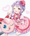  1girl ;3 ;d blue_eyes bow chobota dress frilled_dress frills hat heart highres holding holding_microphone idol_clothes idolmaster idolmaster_cinderella_girls jigglypuff koshimizu_sachiko looking_at_viewer microphone mini_hat one_eye_closed open_mouth pink_dress pointing pointing_at_self pokemon pokemon_(creature) purple_hair short_hair smile yellow_eyes 