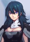  1girl armor artist_name blue_eyes blue_hair breasts byleth_(female)_(fire_emblem) byleth_(fire_emblem) cape cleavage closed_mouth commentary_request fire_emblem fire_emblem:_three_houses grey_cape hair_between_eyes highres long_hair looking_at_viewer medium_breasts phrecklesart pink_lips shoulder_armor smile solo upper_body 