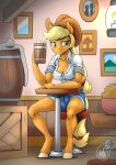  2023 absurd_res alcohol anthro anthrofied applejack_(mlp) barrel beverage blue_bottomwear blue_clothing blue_shorts bottomwear breasts cleavage clothed clothing cowboy_hat crate digital_media_(artwork) earth_pony equid equine female freckles friendship_is_magic hasbro hat headgear headwear hi_res horse inside mammal mug my_little_pony mysticalpha orange_body painting_(object) patreon pony shorts solo text topwear unguligrade_anthro url wall_(structure) watermark white_clothing white_topwear 