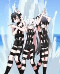  1boy 2girls ahoge allial_(coefont) arm_strap armpits arms_up averuni_(coefont) black_collar black_eyes black_hair black_shorts blue_sky blush bondage_outfit breasts clear_sky closed_mouth coefont collar crossed_bangs day double_v feet_out_of_frame grey_eyes hair_between_eyes hair_ornament hairclip hands_on_own_head highres horizon hot_limit looking_at_viewer looking_to_the_side millial_(coefont) multicolored_hair multiple_girls ocean open_mouth outdoors outstretched_arms revealing_clothes sea_spray short_hair shorts siblings side-by-side sidelocks sisters sky small_breasts smile t.m.revolution teckinder two-tone_hair underboob v white_hair 