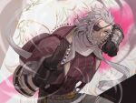  1boy artist_name aura beard belt bergard_zeman black_gloves commentary_request dated eiyuu_densetsu eyepatch facial_hair gauntlets gloves grey_background grey_hair kuro_no_kiseki mustache old old_man orange_eyes red_shirt scarf shirt striped striped_shirt vertical-striped_shirt vertical_stripes white_scarf youmicitrustea 