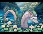  1boy aqua_eyes artist_name closed_mouth dragon dragon_horns eastern_dragon foxinajacket haku_(sen_to_chihiro_no_kamikakushi) horns in_water lily_pad looking_at_viewer nature no_humans outdoors partially_submerged river sen_to_chihiro_no_kamikakushi water_lily_flower watermark 