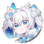  1girl animal_ear_fluff animal_ears black_choker blue_eyes blush_stickers butterfly_hair_ornament chibi choker closed_mouth crossed_bangs double_bun fur-trimmed_jacket fur_trim goddess_of_victory:_nikke grey_hair hair_bun hair_intakes hair_ornament hairclip jacket long_hair looking_at_viewer lowres n102_(miracle_fairy)_(nikke) n102_(nikke) official_alternate_costume official_art round_image simple_background smile solo totatokeke twintails upper_body white_jacket 