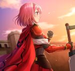  1girl armor braid breastplate cape cloak closed_mouth fire_emblem fire_emblem_engage gloves grey_hairband hair_ribbon hairband holding holding_sword holding_weapon hood hooded_cloak lapis_(fire_emblem) long_sleeves pink_eyes pink_hair red_armor red_cape red_hairband ribbon shinkanoshin short_hair shoulder_armor side_braid skirt solo sword two-tone_hairband weapon white_ribbon 