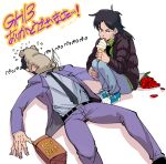 2boys bag black_eyes black_hair black_necktie blue_footwear blue_pants brown_jacket closed_mouth collared_shirt commentary_request dog endou_yuuji flower food full_body holding holding_food holding_ice_cream ice_cream ice_cream_cone inudori itou_kaiji jacket kaiji licking long_hair looking_at_viewer male_focus medium_bangs multiple_boys necktie pants parted_bangs pet_food purple_jacket purple_pants red_flower red_rose rose shirt shoes simple_background sneakers squatting suit translation_request white_background white_shirt 