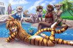  anthro basitin bikini breasts brown_body brown_fur brown_hair butt canid canine canis cleavage clothed clothing eric_vaughan felid feline female flora_(twokinds) fur group hair heresy_(artist) hi_res human humanoid hybrid kathrin_vaughan keith_keiser male mammal natani pantherine shirtless_male smile standing swimwear tiger trace_legacy twokinds webcomic webcomic_character wolf 