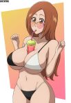  1girl absurdres arms_up between_breasts bikini black_bikini bleach blush breasts brown_eyes brown_hair cleavage drinking drinking_straw heart heart-shaped_eyewear highres huge_breasts inoue_orihime long_hair mistowing navel shiny_skin signature swimsuit white_bikini 