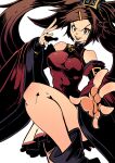  1girl absurdres bare_shoulders breasts brown_eyes brown_hair china_dress chinese_clothes detached_sleeves dress fighting_stance guilty_gear guilty_gear_x hair_rings highres kuradoberi_jam large_breasts long_hair long_sleeves looking_at_viewer open_mouth red_dress smile vakodraws wide_sleeves 