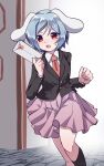  1girl ahodemoaru animal_ears artist_name black_jacket black_socks blue_hair highres jacket necktie one-hour_drawing_challenge pink_skirt rabbit_ears rabbit_girl red_necktie reisen_(touhou_bougetsushou) running shirt skirt socks solo suit touhou white_shirt 