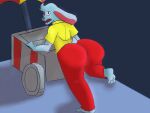  4:3 anthro big_butt butt clothed clothing fur hi_res lagomorph leporid looking_at_viewer looking_back male mammal nicecream_man open_mouth rabbit sbeve_wagon simple_background solo undertale undertale_(series) 