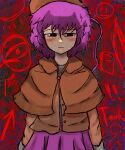  ! 1girl absurdres arrow_(symbol) artist_request black_eyes blush brown_headwear brown_shirt cloak cowboy_shot detective doodles expressionless flat_chest foul_detective_satori gloves hat highres komeiji_satori non-web_source purple_hair purple_skirt shirt skirt smiley_face touhou undershirt 