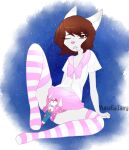  2018 absurd_res anthro asian_clothing bodily_fluids bottomwear brown_eyes brown_hair clothed clothing crossdressing diaper digital_media_(artwork) drooling ear_piercing ear_ring east_asian_clothing fur fuyu_graycen girly hair hi_res hybrid japanese_clothing japanese_school_uniform legwear male miniskirt pattern_clothing pattern_legwear piercing pink_bottomwear pink_clothing pink_skirt ribbons ring_piercing saliva school_uniform serafuku sex_toy signature simple_background skirt solo solo_focus striped_clothing striped_legwear stripes thigh_highs tokidoki_magic_wand uniform vibrator vibrator_on_diaper white_body white_fur yunagalaxy 