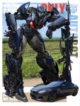  1girl autobot black_lips blue_eyes bmw bmw_m6 breasts car cleavage commission gun hand_on_own_hip highres kamitoge_supino leaning_forward looking_at_viewer motor_vehicle original rifle science_fiction sniper_rifle solo transformers vehicle_name watermark weapon 