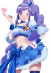  1girl absurdres aono_miki blue_choker blue_eyes blue_skirt bow breasts choker cure_berry earrings fresh_precure! hair_ornament hairband heart heart_hair_ornament highres jewelry long_hair magical_girl midriff navel on_kazu ponytail pouch precure purple_eyes purple_hair simple_background skirt small_breasts smile solo thighhighs white_background 