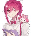  1boy animal_on_shoulder blue_lock book bow bowtie chigiri_hyoma closed_mouth collared_shirt flower hair_flower hair_ornament hand_up highres holding holding_book koumimi long_hair male_focus my_melody onegai_my_melody pink_bow pink_bowtie red_eyes red_hair shirt simple_background smile suspenders upper_body white_background white_shirt 