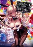  1girl absurdres animal_ears balloon bare_shoulders blonde_hair blue_eyes blurry blurry_background blush breasts cleavage detached_collar embarrassed fake_animal_ears fingernails hair_ornament hanikami_kanojo highres holding holding_sign large_breasts leaning_forward leotard long_hair pantyhose parted_lips piromizu playboy_bunny rabbit_ears scan shoudou_erena sign simple_background skin_tight solo strapless strapless_leotard sweat wrist_cuffs 