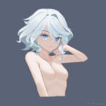  1girl blue_eyes blue_hair breasts commentary cropped_torso furina_(genshin_impact) genshin_impact hair_intakes hand_in_own_hair hand_up highres looking_at_viewer no_headwear no_nipples nude rhienne short_hair small_breasts solo stomach upper_body 