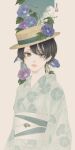  1girl absurdres aqua_ribbon blue_flower boater_hat breasts brown_eyes brown_hair commentary earrings floral_print flower green_kimono hat hat_flower hat_ribbon highres japanese_clothes jewelry kimono leaf_earrings long_sleeves looking_at_viewer morning_glory obi obijime original outside_border parted_lips print_kimono purple_flower ribbon sash seal_impression short_hair signature small_breasts solo standing upper_body ushiyama_ame yukata 