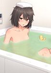  1girl bath bathing bathroom bathtub black_hair collarbone commentary_request completely_nude knees_up medium_hair nakamura_sumikage nude original partially_submerged rubber_duck short_hair sitting solo towel towel_on_head water wet yellow_eyes 