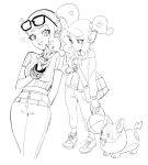  1girl arm_behind_back baseball_cap breasts dede_(qwea_00000) eyewear_on_head hair_ornament hat heart heart_hair_ornament holding holding_poke_ball korean_commentary multiple_views poke_ball pokemon pokemon_(creature) pokemon_swsh side_ponytail sketch smile sonia_(pokemon) standing tongue tongue_out unworn_hat unworn_headwear v yamper 