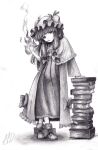  absurdres book book_stack capelet crescent crescent_hat_ornament dress frilled_capelet frilled_dress frills full_body greyscale hara1026 hat hat_ornament highres leaning long_hair long_sleeves looking_at_viewer mob_cap monochrome patchouli_knowledge standing touhou traditional_media 