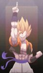  1boy abs act_(act_1113) arm_up baggy_pants biceps blonde_hair blue_sash border bracer clenched_hand closed_mouth collarbone commentary_request dragon_ball dragon_ball_z gogeta gradient_background green_eyes hand_up highres index_finger_raised looking_at_viewer male_focus metamoran_vest muscular muscular_male open_clothes open_vest outside_border pants pectorals sash serious simple_background solo spiked_hair split_mouth super_saiyan super_saiyan_1 v-shaped_eyebrows vest white_pants 